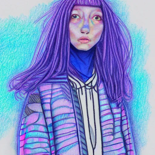 Image similar to a drawing of an iridescent blue and purple jacket, a color pencil sketch by avgust cernigoj, instagram contest winner, digital art, art on instagram, childs drawing, seapunk