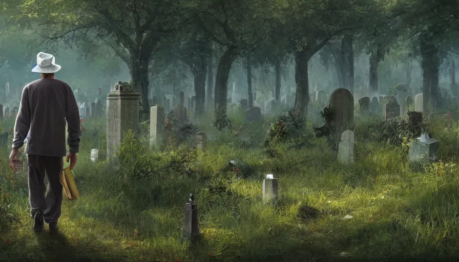 Prompt: old man with his can and hat walking in cemetery covered by vegetation, hyperdetailed, artstation, cgsociety, 8 k