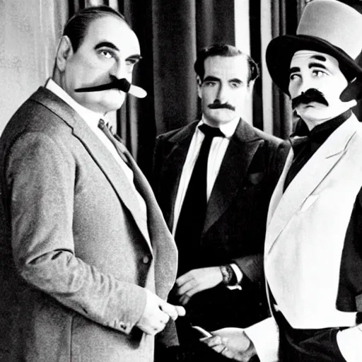 Prompt: scene of the hercule poirot tv serie featuring david suchet with a smaller moustache