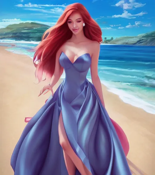 Image similar to beautiful princess in a satin dress on the beach drawn by artgerm