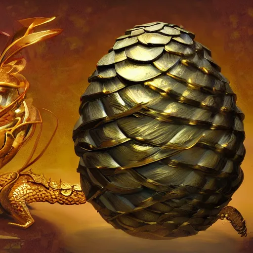 Image similar to an elaborate dragon egg emerging from the blossom of a metallic gold flower with tendrils of gold wrapping around the egg, fantasy concept art