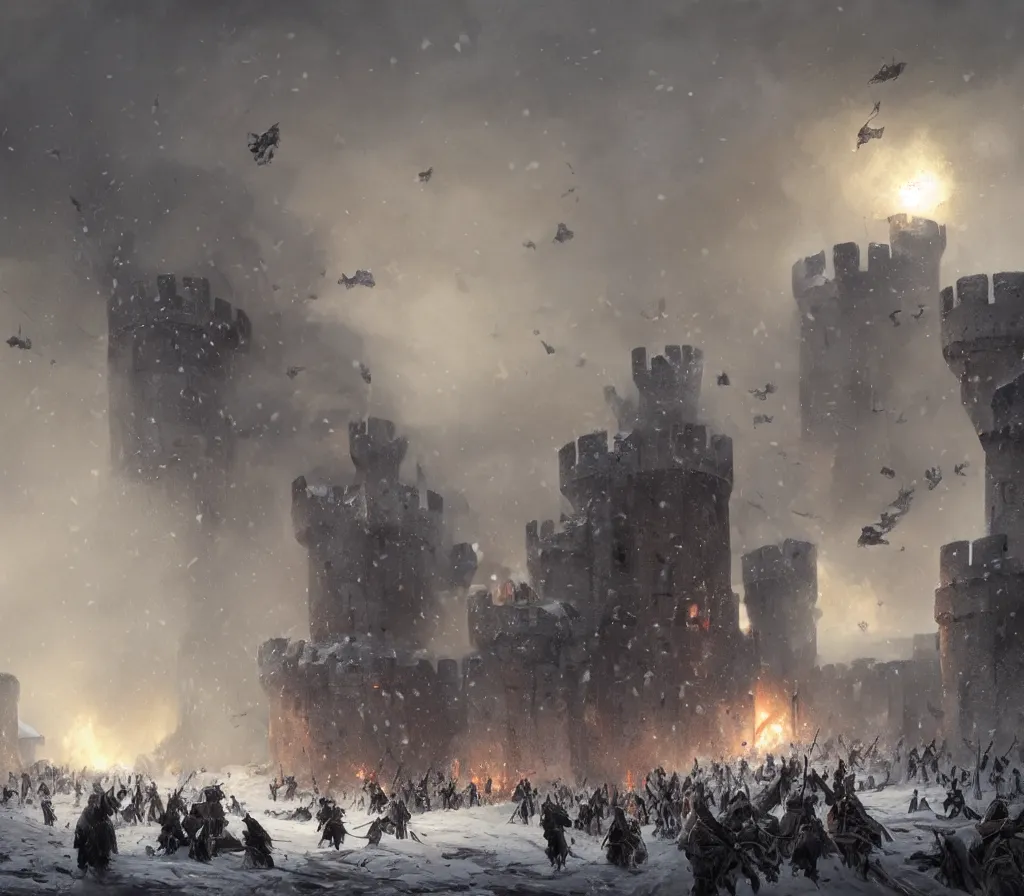 Prompt: Siege of a medieval castle in winter while two great armies face each other fighting below and catapults throw stones at the castle destroying its stone walls, heavy snow storm, fantasy, medieval, fire, explosions and grey smoke here and there, highly detailed, Artstation, painting by greg rutkowski