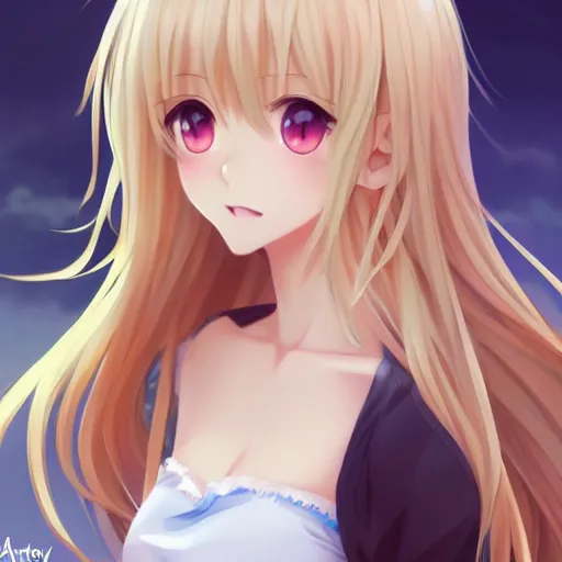 Image similar to a very beautiful anime cute girl, full body, long wavy blond hair, sky blue eyes, full round face, short smile, fancy top, miniskirt, front view, medium shot, mid-shot, highly detailed, cinematic wallpaper by Stanley Artgerm Lau