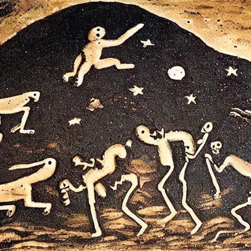 Prompt: cave painting of primitive people landing the first man on the moon