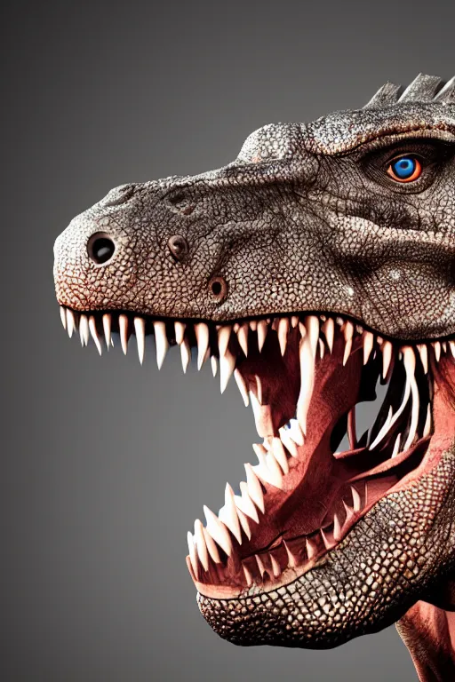 Image similar to A Tyrannosaurus Rex looking menacingly at the camera with studio lighting