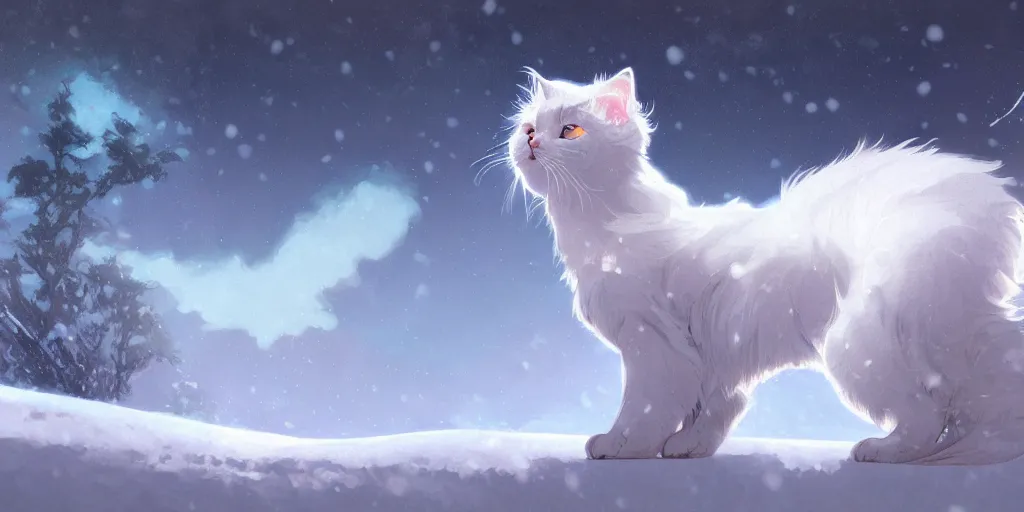 Prompt: panoramic shot of a beautiful ancient white fluffy cat, eye fire, snow glow, snowfall, highly detailed, digital painting, artstation, sharp focus, illustration, art by tan zi and ayanamikodon and alphonse mucha and wlop