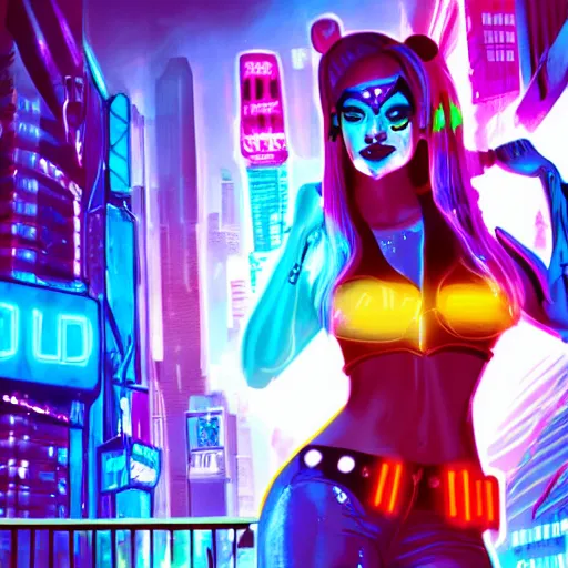 Prompt: harley quinn standing, smiling softly, medium distance shot, cyberpunk setting, beautiful cityscape background, neon signs, vibrant colors, holograms, 4k, digital art