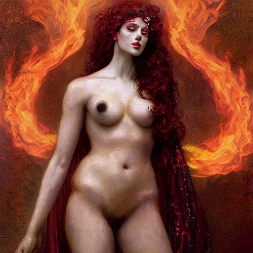 Prompt: a masterpiece full body portrait a beautiful Persephone, queen of the underworld in Hades, beautiful face, flawless skin, flames and smoke in background, by Edgar Maxence and Ross Tran and Michael Whelan