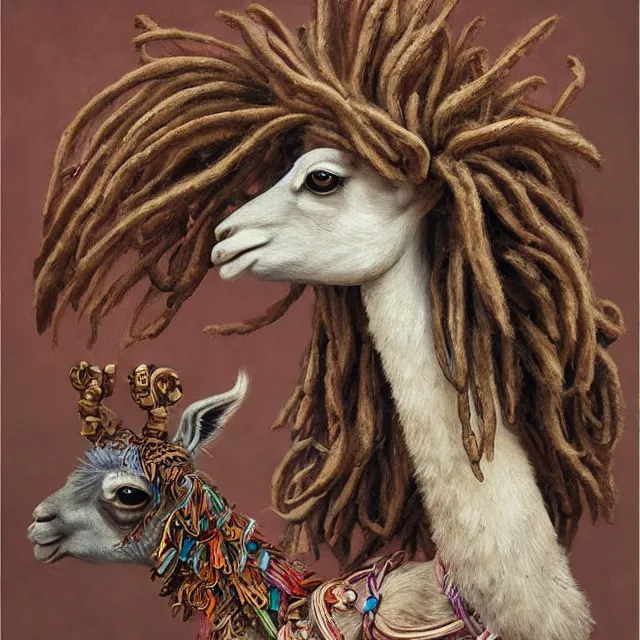 Prompt: llama with dreadlocks, by mandy jurgens, ernst haeckel, james jean. in the style of art deco