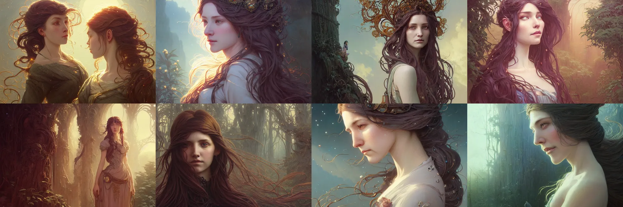 Image similar to highly detailed portrait of a woman with long hairs, stephen bliss, unreal engine, fantasy art by greg rutkowski, art nouveau, loish, rhads, ferdinand knab, makoto shinkai and lois van baarle, ilya kuvshinov, rossdraws, tom bagshaw, alphonse mucha, global illumination, radiant light, detailed and intricate environment