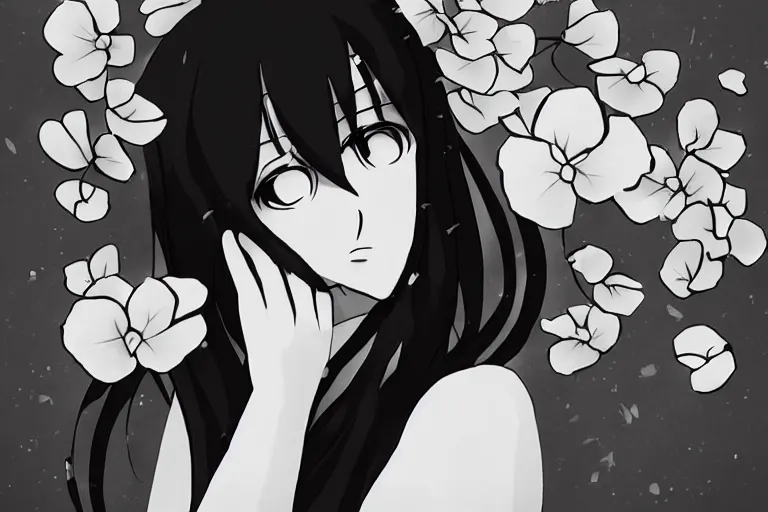 Image similar to “Extremely distraught black and white anime girl dramatically ugly crying with flowers petals being blown around her by a violent wind, black and white”