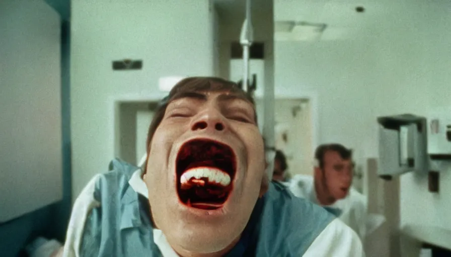 Image similar to 70s movie still of a man yelling with trypophobia teeth in hospital, eastmancolor, heavy grain, high quality, higly detailed, liminal space