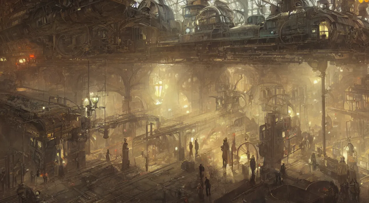 Image similar to subway station with an arriving steam train, highly detailed, digital painting, artstation, concept art, smooth, sharp focus, steampunk illustration, art by greg rutkowski and alphonse mucha