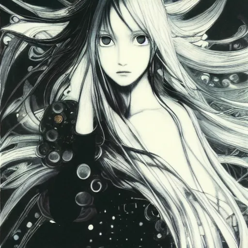 Image similar to yoshitaka amano blurred and dreamy illustration of an anime girl with black eyes, wavy white hair fluttering in the wind wearing elden ring armor and engraving, abstract black and white patterns on the background, noisy film grain effect, highly detailed, renaissance oil painting, weird portrait angle, blurred lost edges, three quarter view