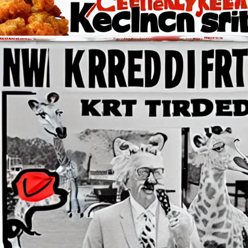 Prompt: newsprint of colonel sanders unveiling his new “Kentucky fried giraffes” restaurant