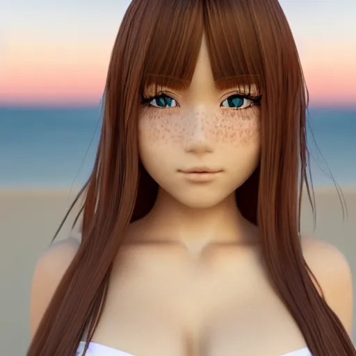 Prompt: Render of a very beautiful 3d anime girl, long pirple hair, hazel eyes, cute freckles, full round face, short smile, white bikini, golden hour, serene beach setting, medium shot, mid-shot, highly detailed, trending on Artstation, Unreal Engine 4k
