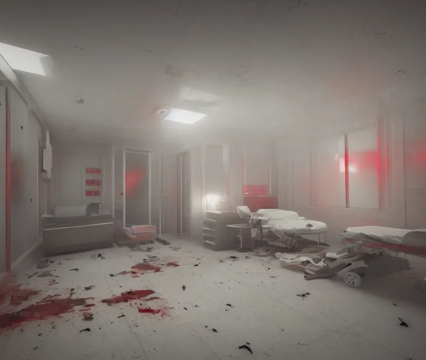 Prompt: Abandoned hospital room with red ceiling lighting and several blue lights on the walls, gloomy and foggy atmosphere, octane render, artstation trending, horror scene, highly detailded