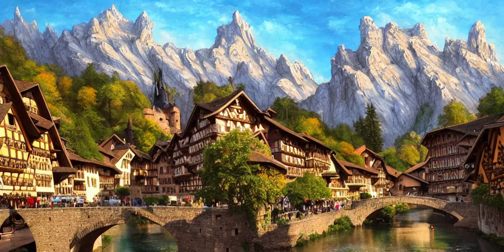Image similar to view of a medieval walled city nestled in a mountain with small river flowing through center, large castle high up in a mountain peak in the background, alpine architecture, half - timbered, tudor style houses, chalet, soft colors, cozy, very beautiful, intricate, majestic, concept art, artgerm, james gurney, trending on art station