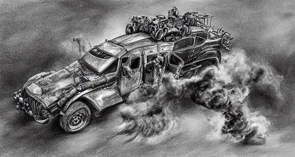 Prompt: highly detailed graphite drawing of a fury road car