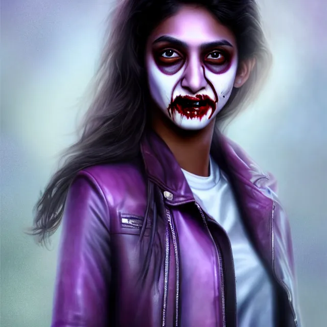 Prompt: epic professional finely detailed digital airbrushed portrait art of an athletic extremely attractive mid-20s South Asian supermodel emo female zombie, smiling, perfectly symmetrical face, wearing a dirt stained shirt under a leather jacket, zombie has deep blue eyes, great smile, violet lipstick, best on artstation, cgsociety, wlop, Behance, pixiv, cosmic, epic, stunning, gorgeous, glamour lighting, glamour pose, masterpiece by Dorian Cleavanger and Stanley Lau