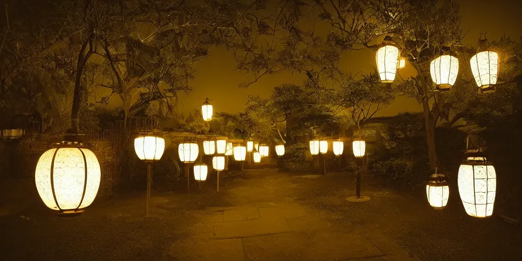 Image similar to “Japanese Mosque, lantern lights, midnight, savannah”