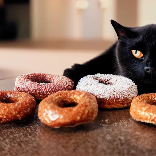 Prompt: a black cat eating a sprinkled donut, highly detailed, beautiful