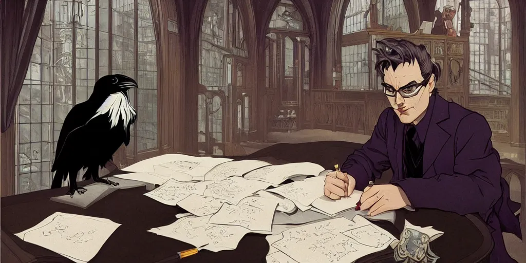 Image similar to a scholarly raven is seen writing at his desk. character sheet, character design, contrast, deep focus, turnaround, highly detailed, dramatic lighting, digital painting, artstation, concept art, matte, sharp focus, illustration, elegant, art by artgerm and greg f and alphonse mucha. photo like 1 9 9 4 public access music video.