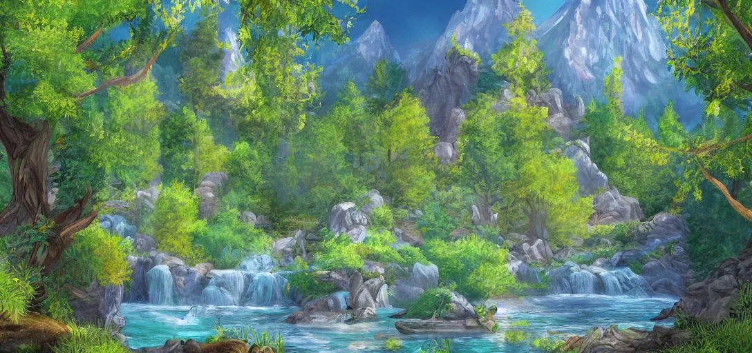 Prompt: Rivendell landscape painted by a five-year old, digital painting