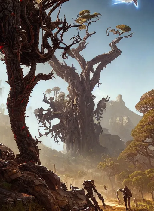 Image similar to hyper realistic robot attacking cape town city beautiful details, gnarly trees, strong composition, poster painted by greg rutkowski, concept art, arcane style, hearthstone wizards of the coast norman rockwell, james gurney and greg rutkowski weta studio, and lucasfilm and best of artstation