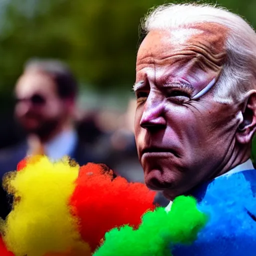 Image similar to Joe Biden with colorful clown makeup all over his face