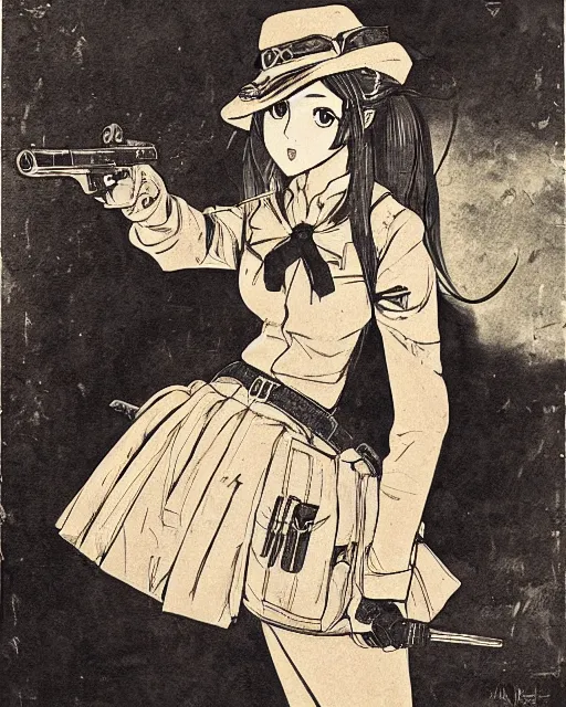 Image similar to portrait of a girl holding a pistol, detailed manga art panel, professional