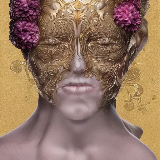 Image similar to beatifull face portrait of a woman, 150 mm, anatomical, flesh, flowers, mandelbrot fractal, facial muscles, veins, arteries, intricate, golden ratio, full frame, microscopic, elegant, highly detailed, ornate, ornament, sculpture, elegant , luxury, beautifully lit, ray trace, unreal, 3d, PBR, in the style of peter Gric , alex grey and Romero Ressendi