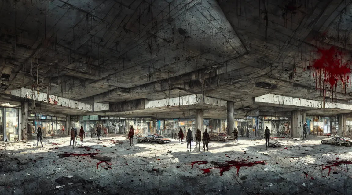 Image similar to post apocalyptic shopping center, building, avenue, extremely detailed, sharp focus, fine details, realistic shaded, depth of field, colorful, modern contemporary americana concrete architecture, by pascal blanche, greg rutkowski, shaddy safadi, neil blevins, trending on artstation, high quality, photorealistic, blood stains, crumbling, silhouettes