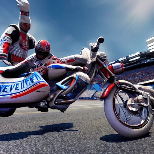 Image similar to evel knievel jumping over busses on harley davison at wembly stadium 3 d studiomax, maya 3 d, unrealengine, 4 k, 8 k, hdr, extreme render, mind - bending reality, hyper detailed, wide angle ultra - vivid, photo - realistic nikon 3 5 mm, photograph
