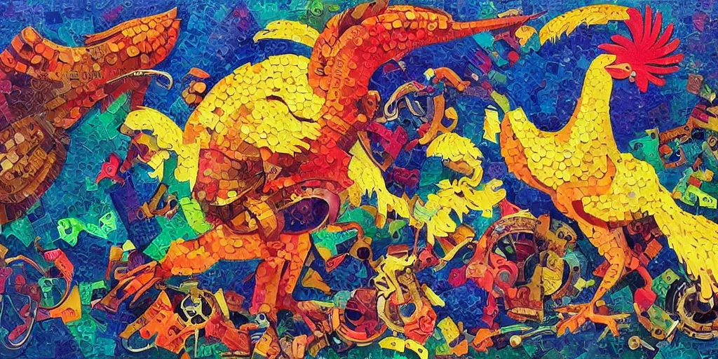 Image similar to colorful illustration of a fighting rooster made of car parts, cubism, pointillism, surreal, intricate, highly detailed, dark color scheme, golden ratio