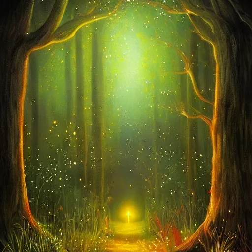 Prompt: an enchanted forest full of fireflies, night, warm light, fantasy art