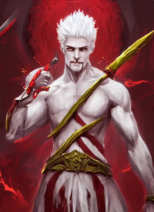 Image similar to a highly detailed illustration of white haired african priest, wearing cross on robe, wielding red blades made of blood, evil standing smiling pose, blood flowing around him background, muscular, intricate, elegant, highly detailed, centered, digital painting, artstation, concept art, smooth, sharp focus, league of legends concept art, WLOP