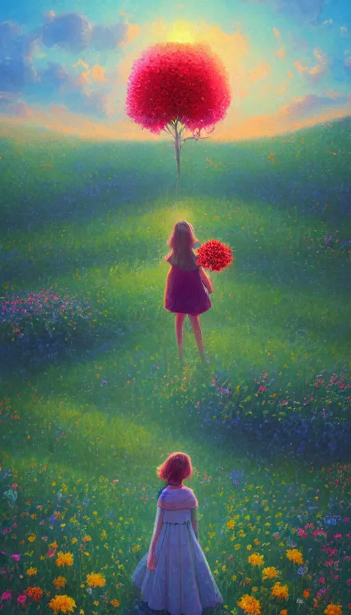 Image similar to girl with giant flower as a face and flower dress, standing in a flower field hills, big trees, sunrise dramatic light, impressionist painting, colorful clouds, digital painting, pointillism, artstation, simon stalenhag