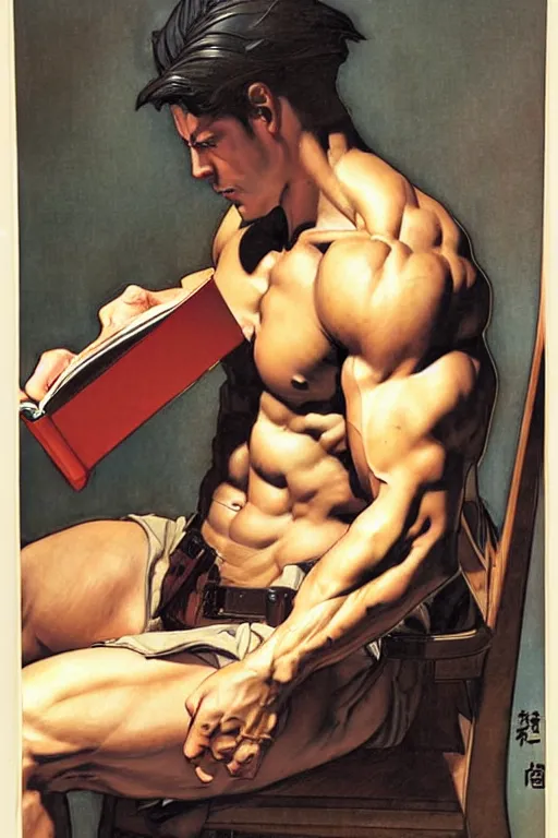 Image similar to attractive man reading book, muscular, painting by j. c. leyendecker, yoji shinkawa, katayama bokuyo
