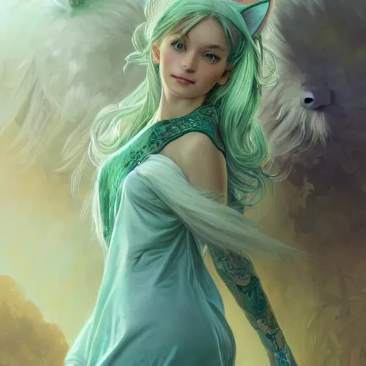 Image similar to ultra realistic illustration, dream girl with white hair, with light green eyes, with cat ears, in a sundress, intricate, elegant, highly detailed, digital painting, artstation, concept art, smooth, sharp focus, illustration, art by artgerm and greg rutkowski and alphonse mucha