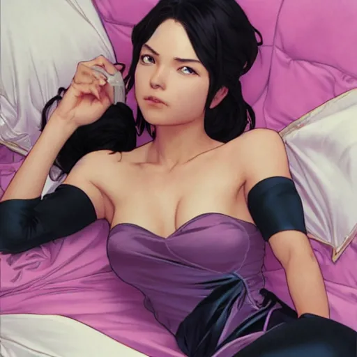 Prompt: cassandra cain in pink silk, in the bedroom at a sleepover, beautiful face!!!!, 2 7 years old, cg animation, lifelike, animated, realistic, character select portrait, by artgerm, greg rutkowski, alphonse mucha, 3 d