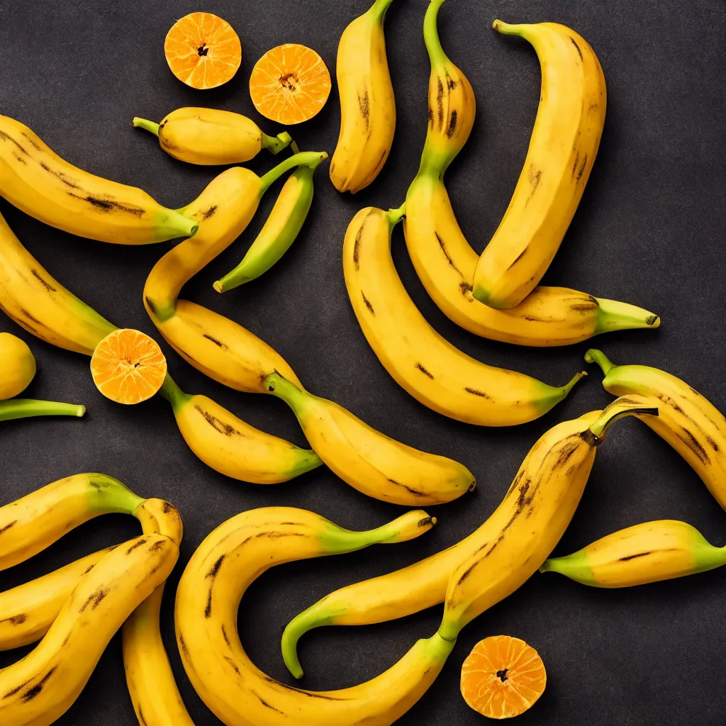 Image similar to long spotted bananas in the shape of juicy ripe oranges, closeup, hyper real, food photography, high quality