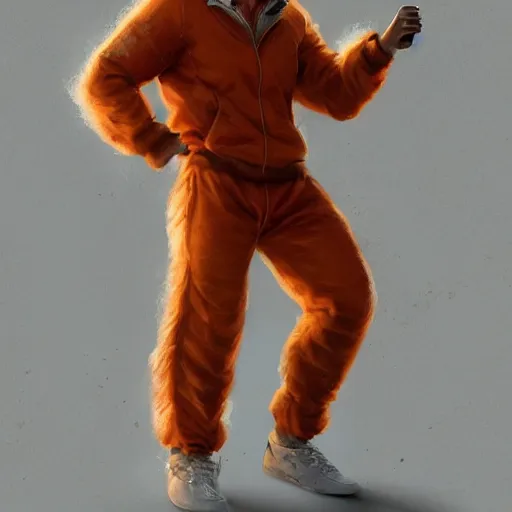 Image similar to aesthetic portrait commission of a of a male fully furry muscular anthro albino lion in orange tracksuit,digital art,art by greg rutkowski,character design by charles bowater,detailed face,hyperdetailed,photorealistic,artstation,deviantart,4k,western comic art,sharp,high definition