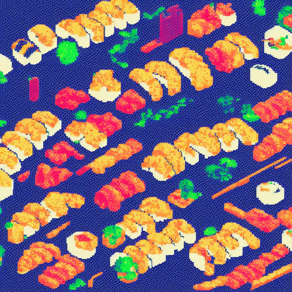 Image similar to best sushi in town, pixel art, synthwave