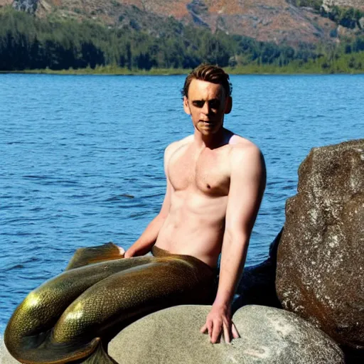 Image similar to Tom Hiddlestone as a beautiful mermaid sitting on a rock in the middle of a lake wearing a shiny silk jacket