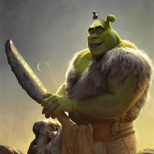 Image similar to shrek as an ancient mythological warrior deity, epic fantasy illustration, portrait, godly and ethereal, by greg rutkowski