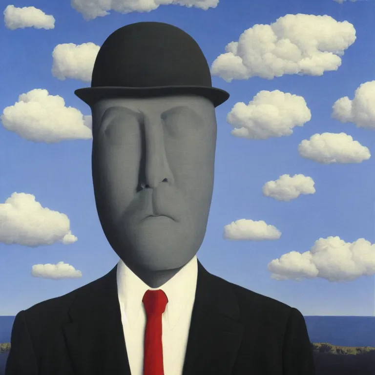 Image similar to portrait of a faceless shadow - head man in a suit, clouds in the background, by rene magritte, detailed painting, distance, middle centered, hd, hq, high resolution, high detail, 4 k, 8 k