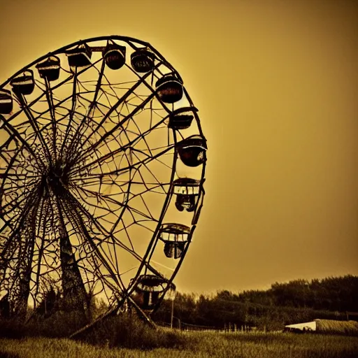 Prompt: an old abandoned rusty ferris wheel, in a town filled with pale yellow mist. Grainy. Award-winning photo. Sigma 40mm f/1.4 DG HSM