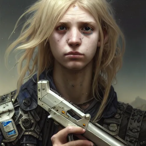 Prompt: portrait painting of a post - apocalyptic blonde teenager with matted long hair wearing light scrap armor with an old gun on his back, ultra realistic, concept art, intricate details, eerie, highly detailed, photorealistic, octane render, 8 k, unreal engine. art by artgerm and greg rutkowski and charlie bowater and magali villeneuve and alphonse mucha