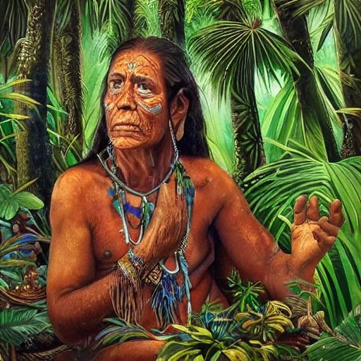 Image similar to a beautiful portrait of an amazonian shaman healer sitting in the jungle, doing a prayer, ayahuasca, high detail painting, fantasy art, highly detailed, realistic face